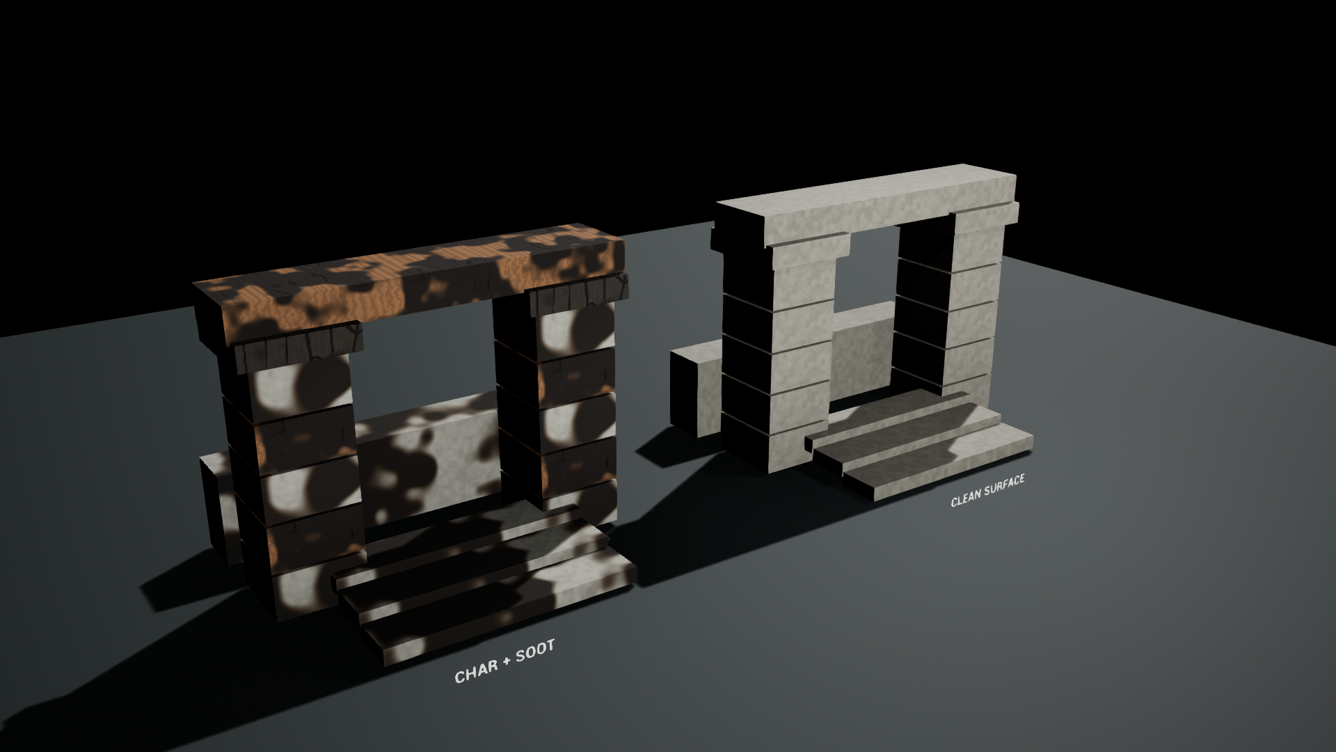 Char and soot on architecture beside a clean comparison