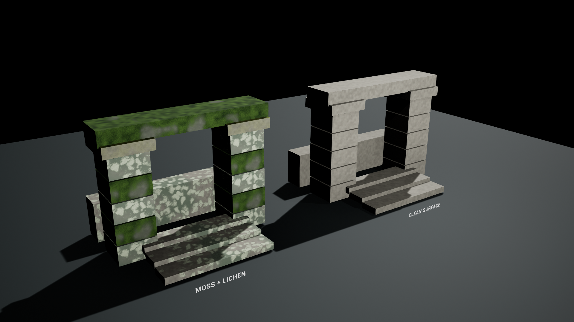 Moss and lichen on architecture beside a clean comparison