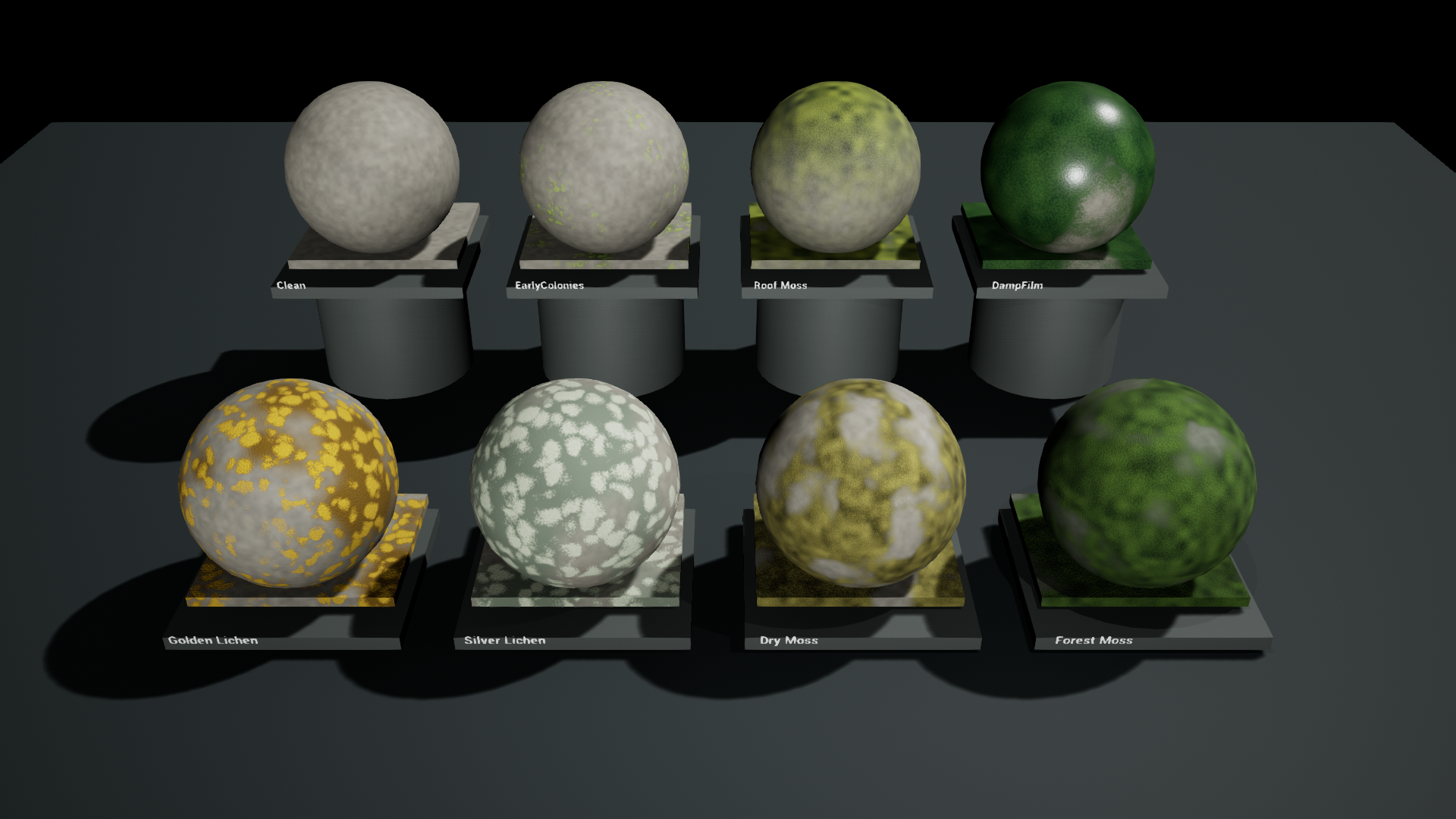 Eight SurfaceGrowth presets in the Unreal Engine overview map