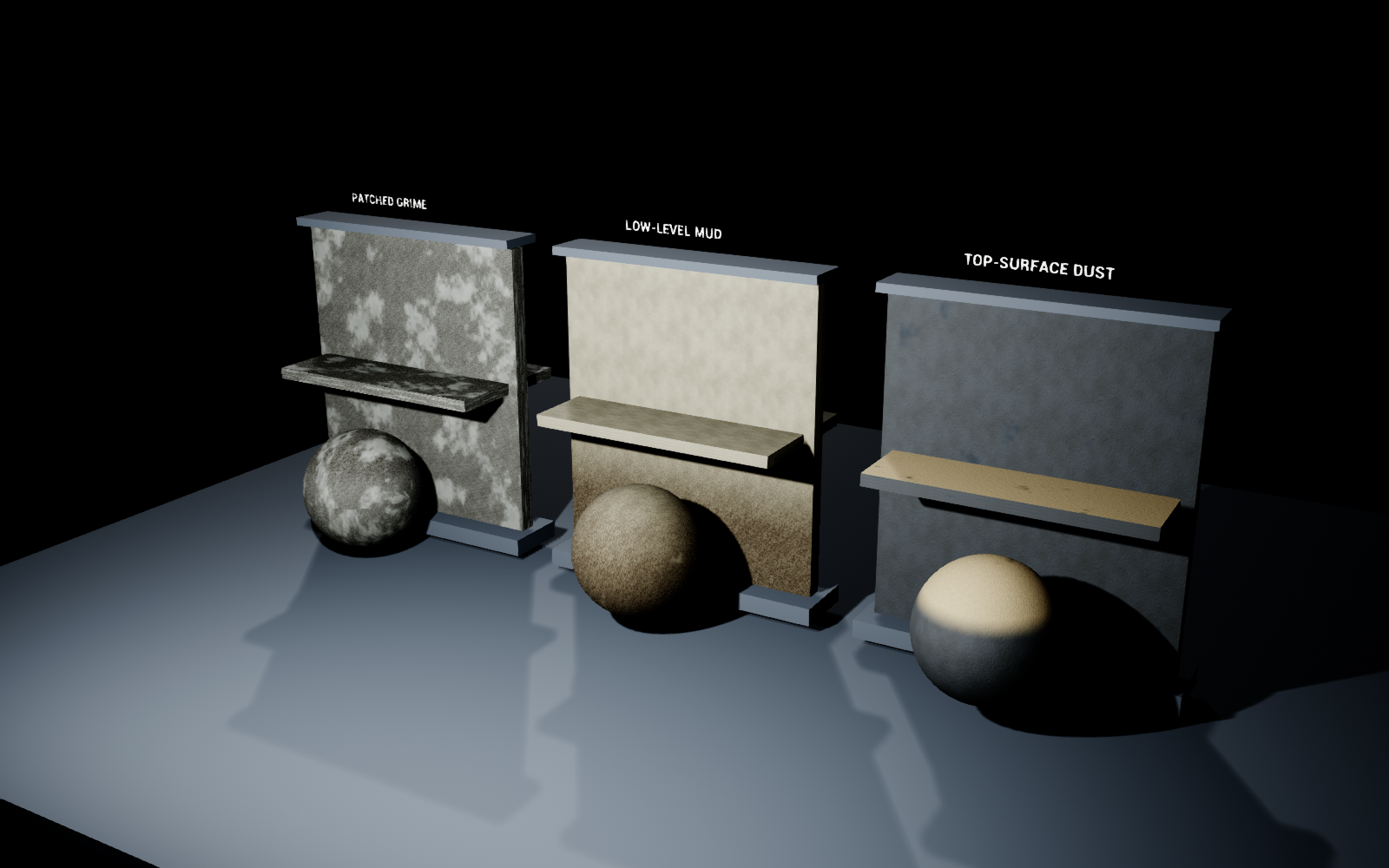 Grime patches, low-height mud and top-facing dust in the Unreal Engine overview scene