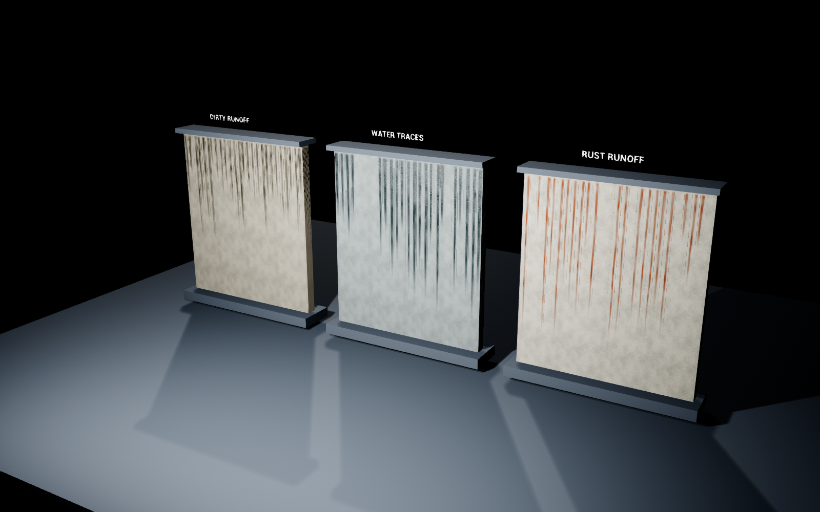 Grime, water and rust streaks rendered in the Unreal Engine overview scene