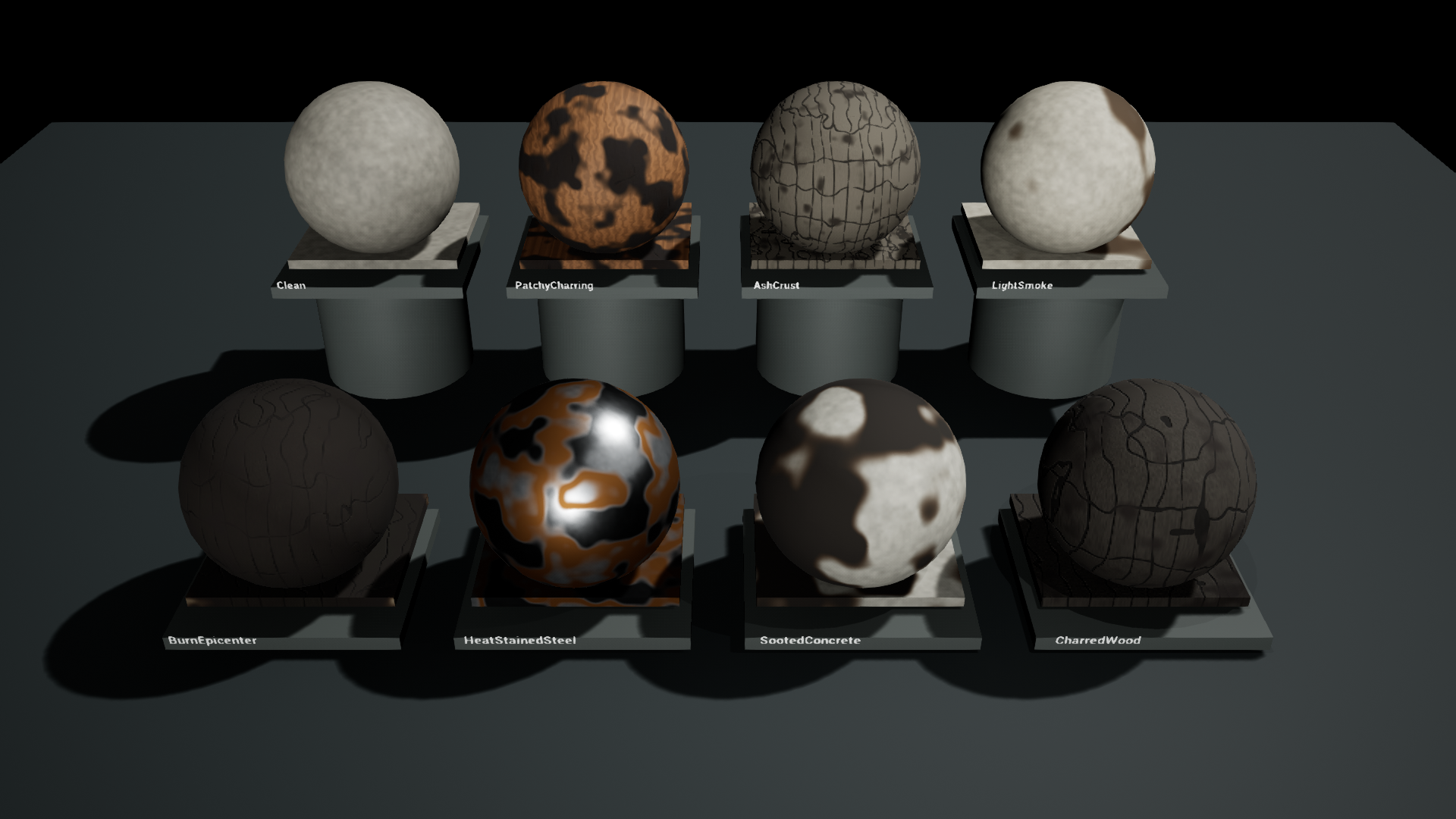 Eight SurfaceScorch presets in the Unreal Engine overview map
