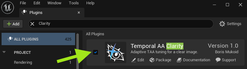 Temporal AA Clarity plugin enabled in Unreal Engine