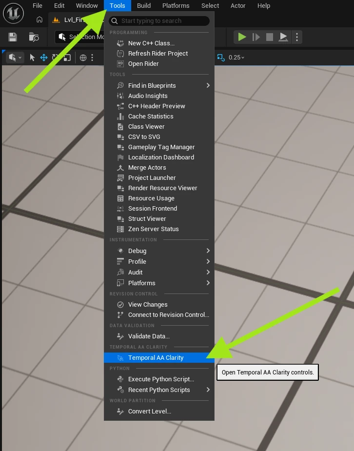 Temporal AA Clarity in the Tools menu