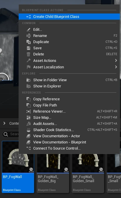 Create Child Blueprint Class option