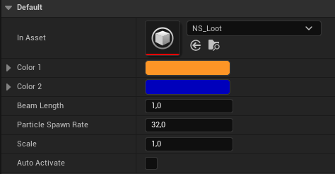 Item Pickup VFX child Blueprint parameters