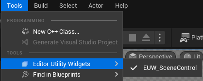 EUW_SceneControl in the Editor Utility Widgets menu