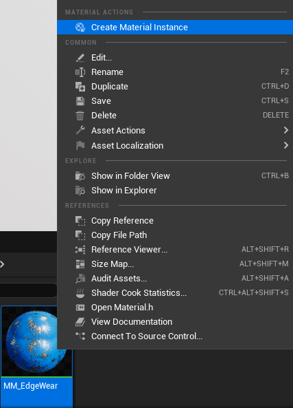 Create Material Instance option in Unreal Engine