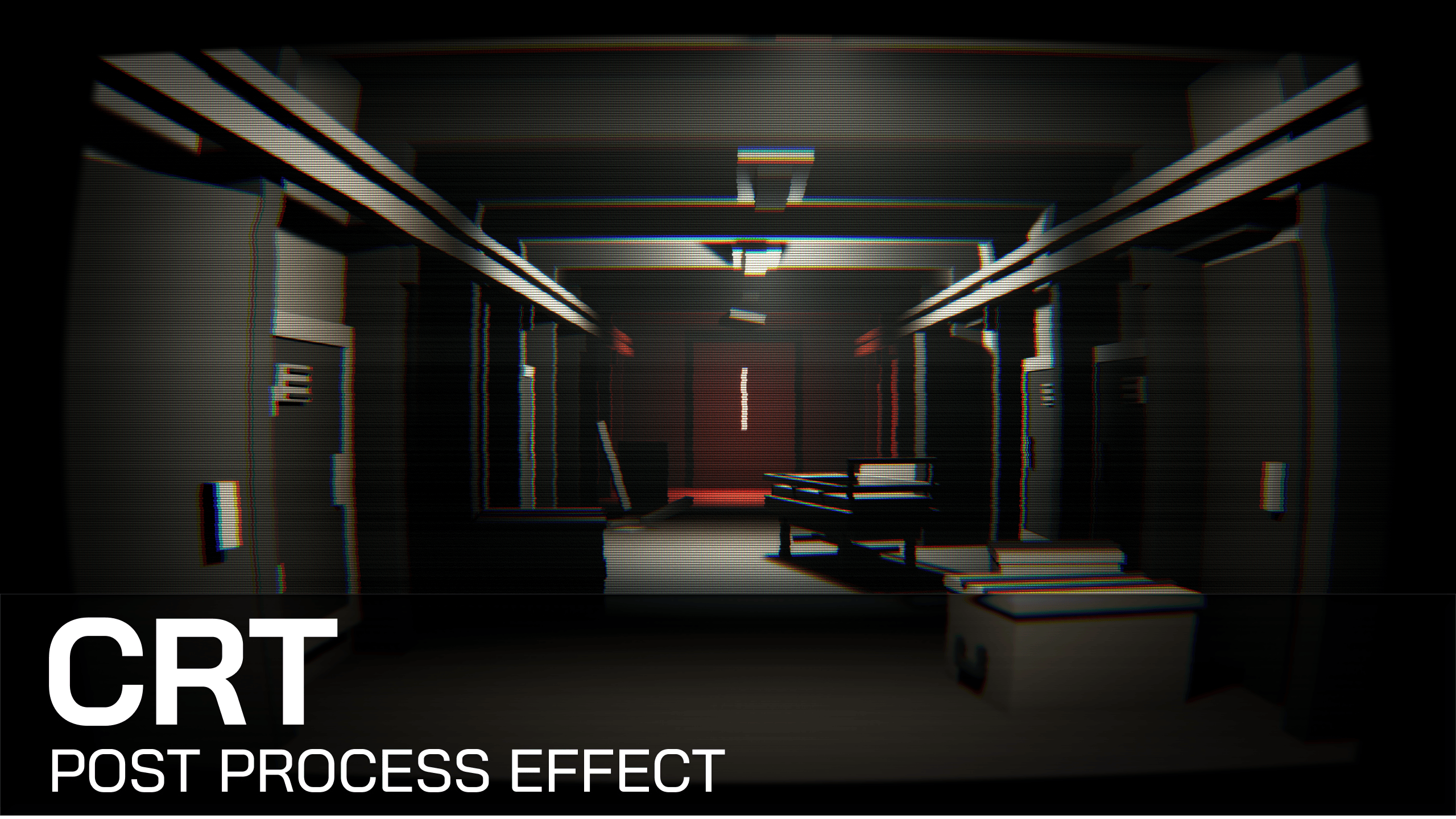 Unreal Engine scene with CRT scanlines, distortion, and analog screen effects