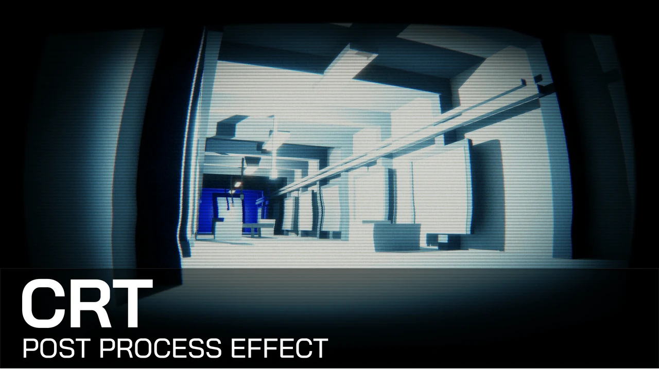 Unreal Engine scene with CRT scanlines, distortion, and analog screen effects