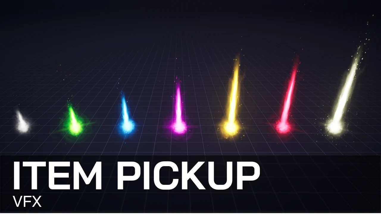 Seven colored item pickup particle effects in Unreal Engine