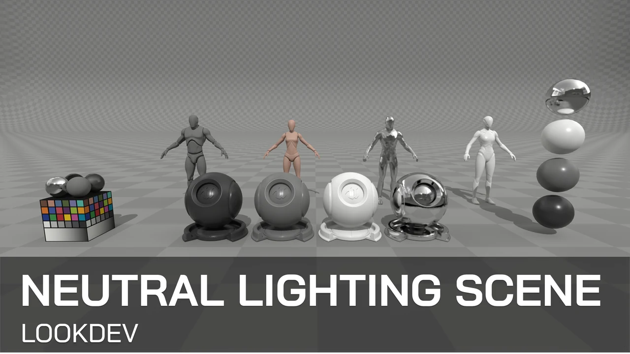 Neutral lighting look-development scene with material spheres and characters